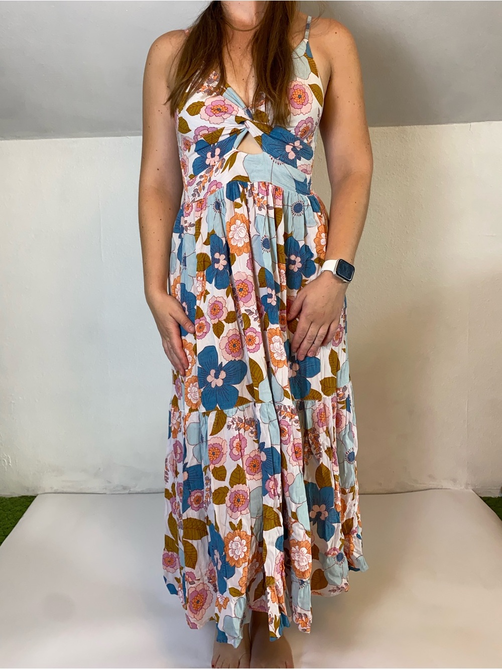 Angie Floral Tie-Front Maxi Dress in Blue, Pink, Rust, and Cream